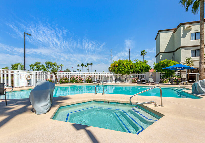 outdoor pool and hot tub